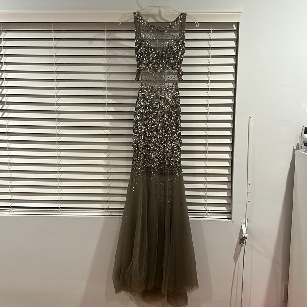 Jovani Silver and Gray Embellished Maxi Dress